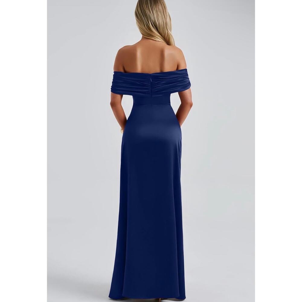 elegant viral off the shoulder wedding guest summer gown dress dark navy S - Picture 4 of 11